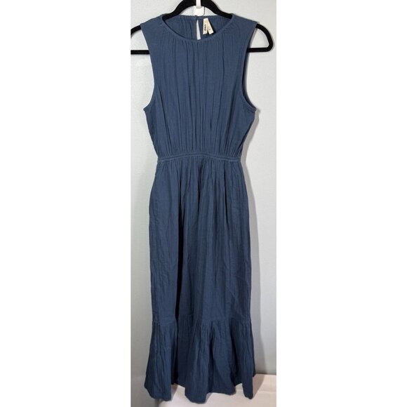 PACT Womens Organic Cotton Coastal Double Gauze Tiered Midi Dress Small Blue - Picture 1 of 14